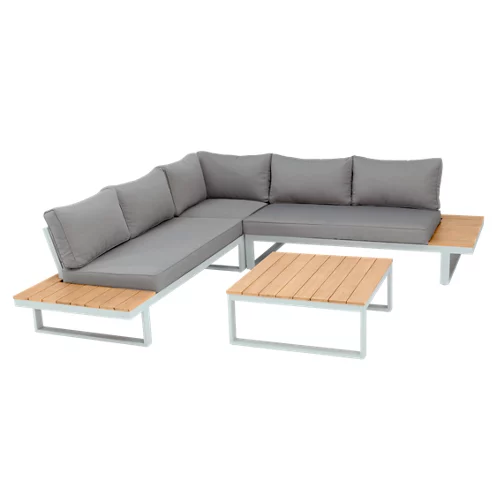 Conjunto de porche San Diego de eucalipto y aluminio para 5 personas
