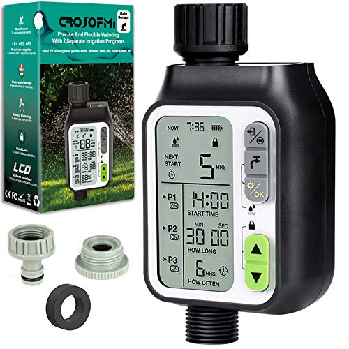 Programador de riego automático CROSOFMI Garden timer Control del sistema de riego riego manual con seguro para niños con sensor de lluvia y 3 programas separados