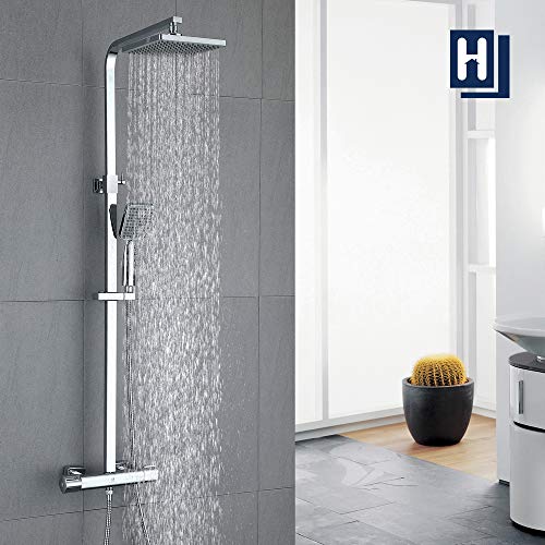 HOMELODY Conjunto de ducha termostática 40 ℃ Columna de ducha de latón rectangular Altura ajustable 818-1214mm Ducha de lluvia 2 vías Ducha de mano para baño