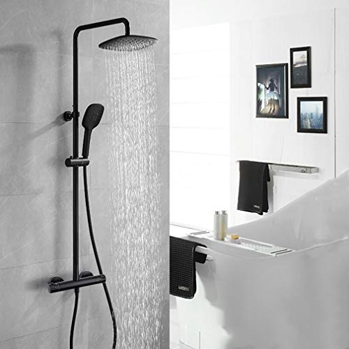 Columna de ducha termostática, sistema de ducha con juego de ducha con termostato regulable en altura, negro, PHASAT SB04