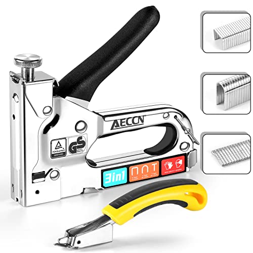 Grapadora manual AECCN 3 en 1 con 2100 grapas - Grapadora para uso en serie (incluye extractor de grapas) para tapicería, tornillería, decoración, carpintería, muebles, madera