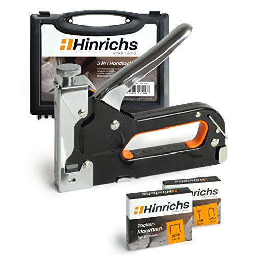 Grapadora de tapicería Hinrichs con carcasa - Grapadora de madera con grapas y clavos - Grapadora de cables de pared - Grapadora para reparaciones y trabajos de bricolaje