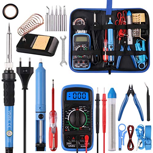 Soldador de chapa 24 uds, kit de soldador eléctrico de 5 puntos WOWGO 60W, temperatura regulable, multímetro digital, soporte, hilo de soldadura, bomba de desobturación, bolsa de herramientas, etc.