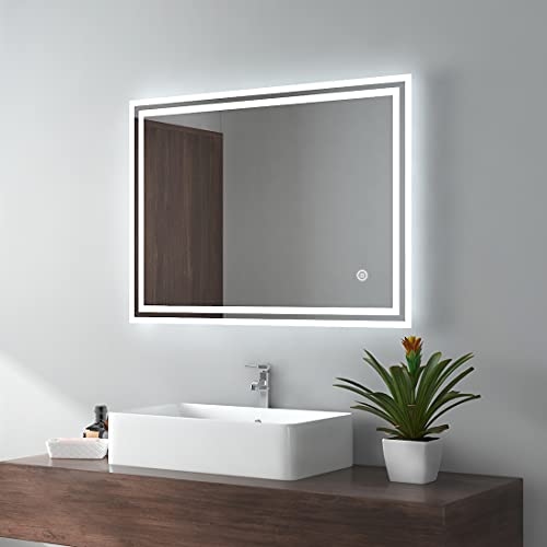 Espejo de baño EMKE LED 80x60cm Espejo de baño con iluminación Espejo de pared con iluminación blanco frío Espejo con interruptor táctil IP44 Ahorro de energía