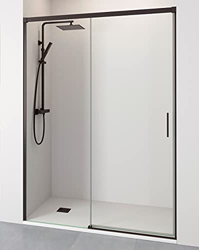 Mampara de ducha corredera frontal 1 puerta corredera + 1 fija |  Transparente |  vidrio templado de 6 mm  195 cm de alto |  Perfiles negros mate  130 cm (adaptable 124-129 cm)