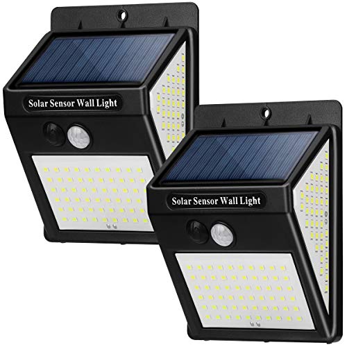 Luz solar para exteriores, 144 lámparas solares LED para jardín al aire libre con sensor de movimiento, 3 modos Focos solares para exteriores Iluminación 270º Lámparas solares IP65 Lámpara de pared para jardín al aire libre (paquete de 2)
