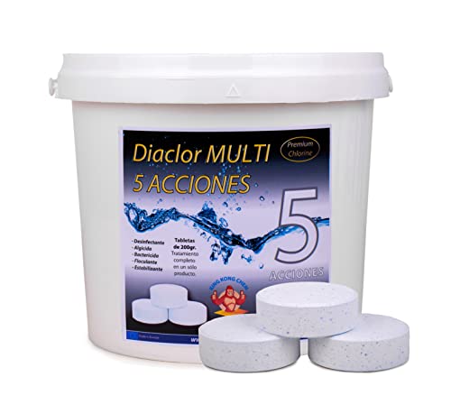 Cloro para Piscinas DIACLOR MULTI 5 ACCIONES 5 KG - 25 Pastillas Cloro Lento (200 gr - 7,5 cm Diámetro) - Tratamiento Completo 5 EFECTOS - SIN CICATRIZANTE - NUEVA FÓRMULA 100% SEGURA