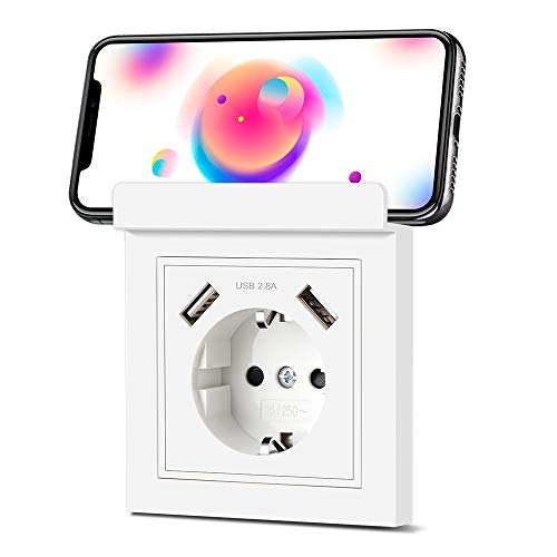 Toma de pared USB con soporte para teléfono, tomas Schuko con 2 puertos USB 2.8A, cargador para dispositivos móviles (smartphone con cámara MP3, etc.)