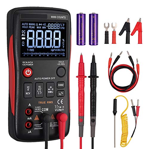 Multímetro digital 9999 contadores TRMS Multímetro profesional Diseño de botón Pantalla iluminada Medidor NCV Voltaje CA CC Capacidad de corriente Resistencia Temperatura con sondas y termopar