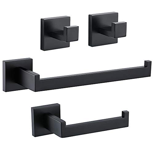 TURS Juego de accesorios de baño 4 piezas Soporte de papel higiénico de acero inoxidable Barra de toalla / Soporte de albornoz Gancho Montaje en pared, Negro mate, Q7X4-BK