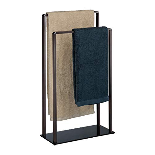 Relaxdays toallero de suelo con 2 barras, metal-vidrio, bronce-negro, 80 x 45 x 20 cm