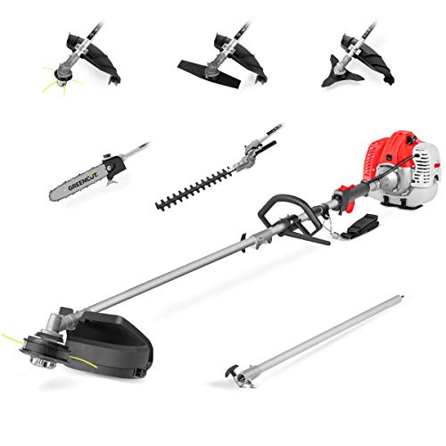 GREENCUT GM650X-6 - Herramienta multifuncional 6 en 1 de gasolina de 65 cc, 6 accesorios, recortadora, recortadora + cortasetos
