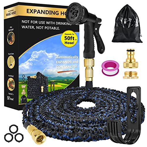 Avyvi Manguera de jardín extensible de 50 pies, manguera flexible para manguera mágica extensible con pistola de pulverización de 8 funciones/gancho de manguera (negro y azul)