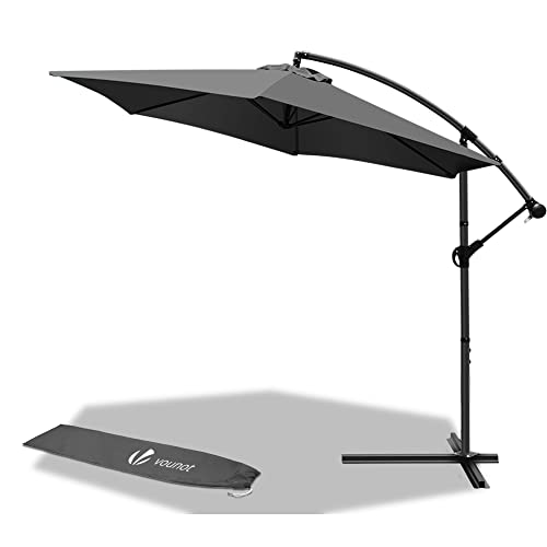 Paraguas excéntrico VOUNOT 300 cm, sombrilla de jardín con manivela y funda protectora, protección UV, gris