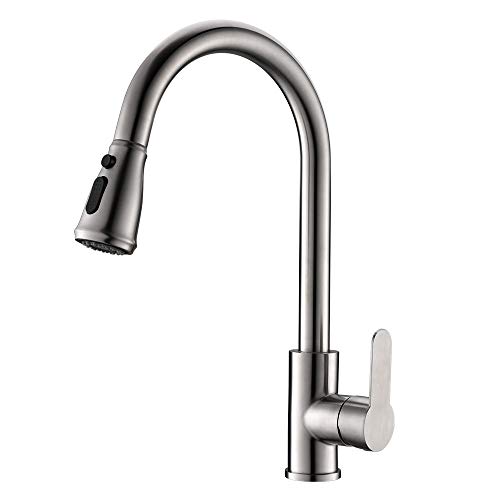 Grifería extensible de acero inoxidable DUTRIX, grifo de cocina extraíble de 2 vías con botón de pausa, acero cepillado