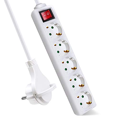 Cable de extensión ExtraStar blanco con 5 enchufes e interruptor, cable plano de 1,5 m para el hogar, la oficina y los viajes