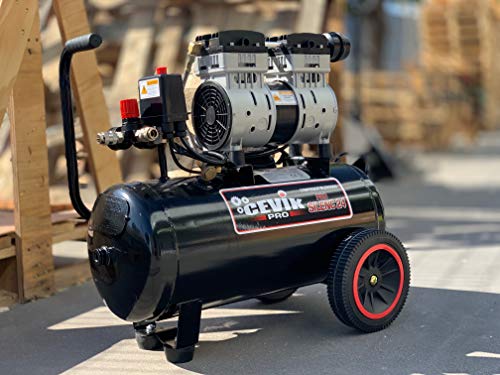 Compresor portátil Cevik Pro24silenc Silent 24 litros 1.5cv.  Ideal para trabajos de interior y exterior, como soplado, inflado y óptimo para el uso de grapadoras de clavos y neumáticas.