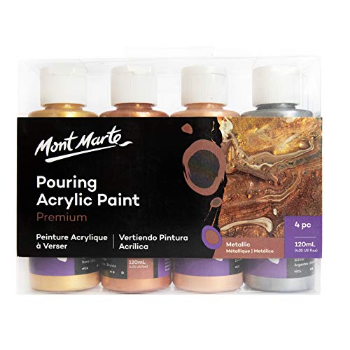 Juego de fundición para pinturas acrílicas metalizadas Mont Marte - 4 piezas x 120 ml - Pinturas acrílicas premezcladas con medio de vertido - oro, plata, bronce, oro rosa