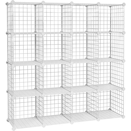 SONGMICS gabinete de alambre de metal modular con 16 canastas, ensamblaje de bricolaje, gabinete de almacenamiento, estantes modulares, estantes de malla de alambre, blanco LPI44W