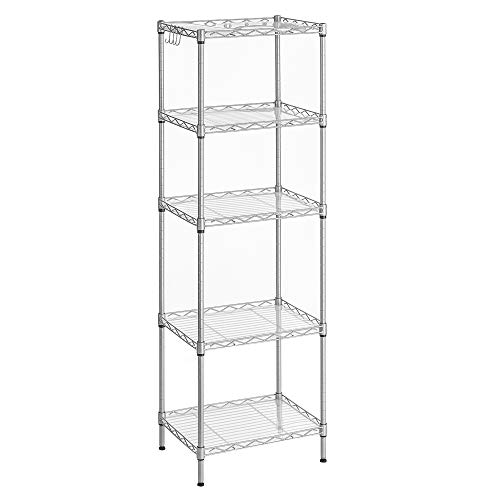 SONGMICS Estante de alambre, Estante de metal, Estante de cocina, 4 ganchos, paneles de PP, estantes ajustables, carga total 100 kg, para espacios pequeños, baño, plata LGR115E01