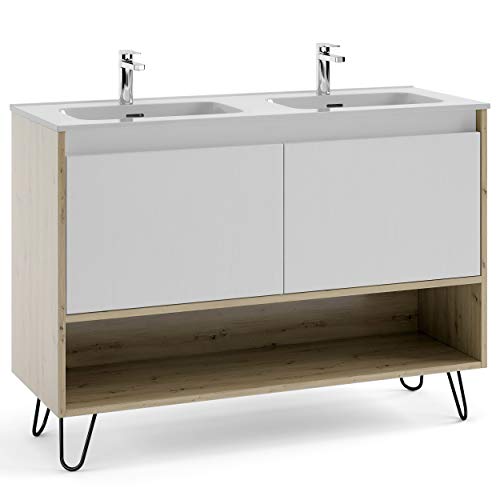 Mueble de baño Kassia 120 cm + Lavabo doble de cerámica  manhattan |  L 120 XW 86.8 XP 45 cm Roble Amazonas blanco + Patas de horquilla