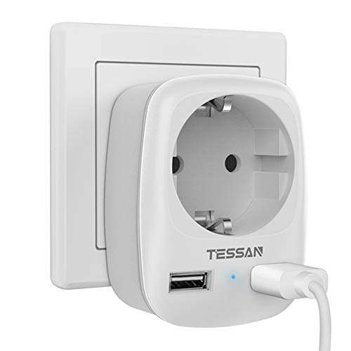 Toma USB TESSAN, enchufes Ladron 4000 W con doble USB y 1 toma AC, enchufe adaptador cargador de pared USB con toma múltiple con USB España, cargador USB Ladron para tablet móvil blanco