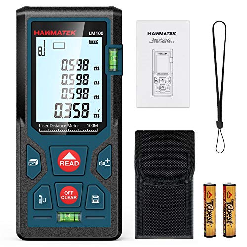 Telémetro láser de 100 m, detector láser con burbujas de 2 niveles, función de silencio y autocalibración, distancia de Pitágoras, superficie, volumen, medición continua precisa, 99 memorias de datos