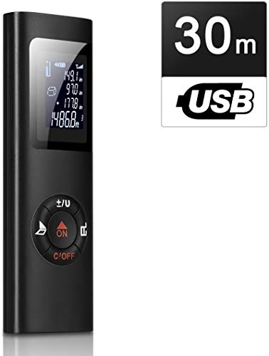 Telémetro láser, IPSXP 30M 98 pies USB recargable portátil silencioso Medidor láser Medidor láser con pantalla LCD digital retroiluminada con retroiluminación, cálculo de distancia, área, volumen, Pitágoras, suma y resta