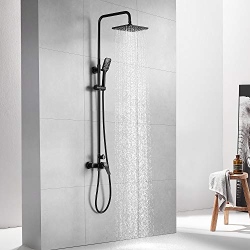 Auralum Black columna de ducha con grifo, set de ducha de pared rociador 25 X 20 CM, ducha efecto lluvia y teleducha regulable en altura