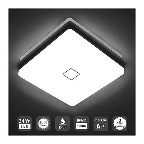 Öuesen LED Plafón 24W Impermeable Moderno LED Cuadrado Plafón Delgado 2050lm Blanco Frío 5000K para Baño Dormitorio Cocina Comedor Comedor Balcón Pasillo