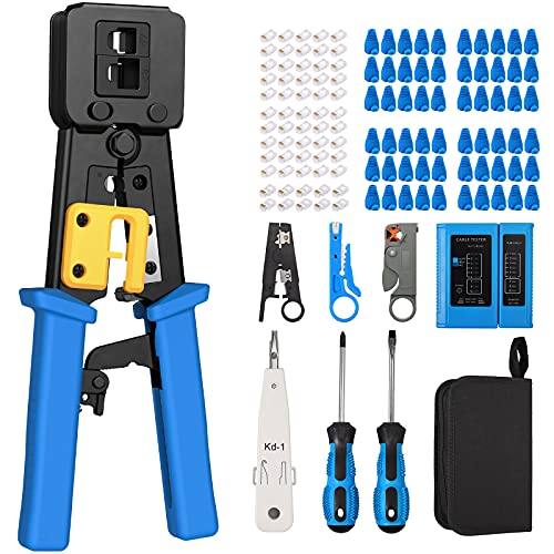 Herramienta de crimpado RJ45 para RJ11 / RJ12 / CAT5 / Cat5e / CAT6, incluye crimpadora, probador de cables, descargador multifuncional, destornillador y 60 conectores CAT5 CAT6 para reparar cables de red