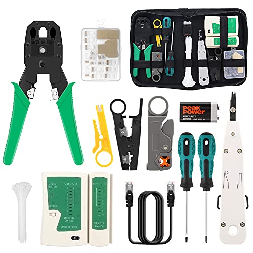 Herramientas de reparación de red 16 en 1 Kit de prueba de cable de red Kit de mantenimiento de red para crimpadora de red de instrumentos RJ11 / 12/45 con 17 conectores y cable de red de 2 m