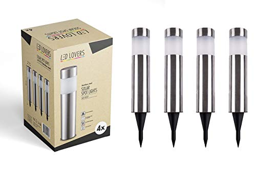 LED LOVERS Poste de luz solar LED para jardín, juego de 4, terminal de iluminación de acero inoxidable, resistente al agua, 27 x 6,3 cm, para uso en exteriores, jardín, terraza, césped, piscina