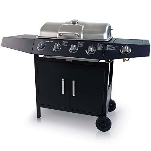 Parrilla de gas CCLIFE 4 + 1/6 + 1 fuegos Parrilla de gas con bandeja de aceite y mesas auxiliares y tapa y ruedas, para jardín, terraza, camping