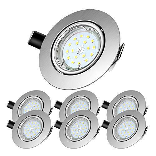 Foco empotrado  Plafón LED Gu10 5W equivalente a 60W incandescente  Blanco frio 6000K 600Lm |  Ojos de buey marco redondo AC220V-240V |  Bombilla LED para salón o dormitorio, cocina, etc. 6 piezas