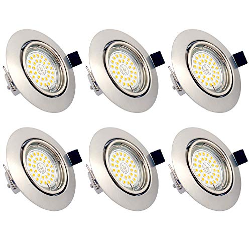 Plafón LED, pack de 6 GU10 7W 3000K blanco cálido marco redondo, 600 lúmenes, IP44, luz LED para empotrar en salón o dormitorio