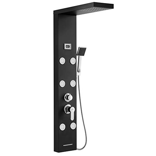 Auralum - Columna de ducha de hidromasaje 4 funciones negra con pantalla LCD Columna de ducha de baño de acero inoxidable con 6 boquillas de masaje