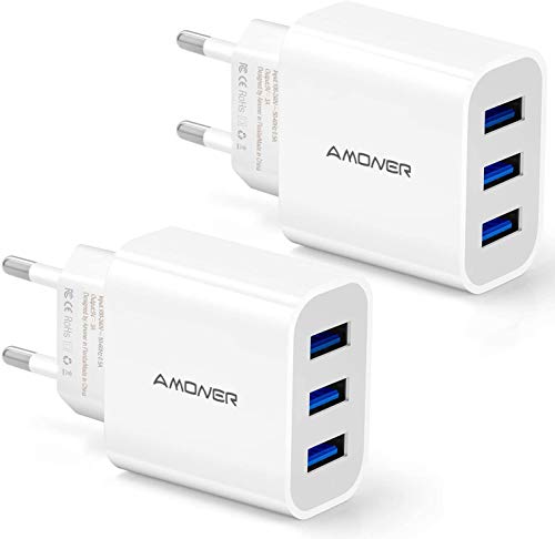 Cargador de pared USB Amoner con 3 puertos Cargador USB 3A A Corriente máxima 2.4A Cargador móvil para todo tipo de teléfonos móviles Paquete de 2 (Blanco)
