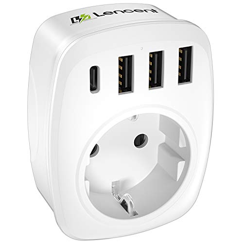 Tomas LENCENT Thief, cargador de pared USB con 1 toma Schuko europea de 2 pines, 1 puerto tipo C y 3 puertos USB, adaptador toma USB España para smartphone tablet 4000W