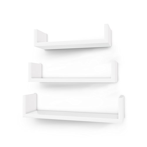 SONGMICS Juego de 3 estantes de pared modernos, estantes de pared flotantes, estantes de almacenamiento de MDF, acabado brillante, montaje oculto, blanco, LWS40WT