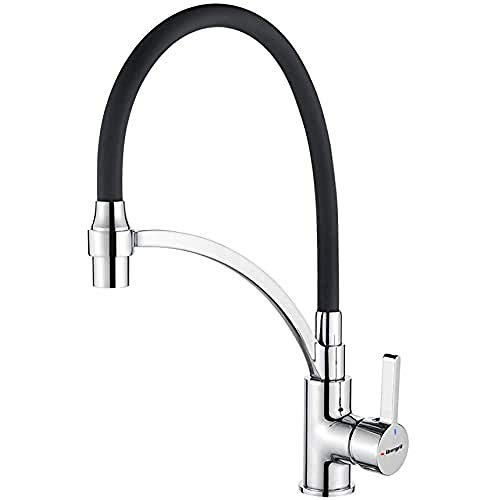 Ibergrif, Grifo de lavabo con caño giratorio y 2 funciones, grifo de cocina con ducha de mano y caño flexible, negro