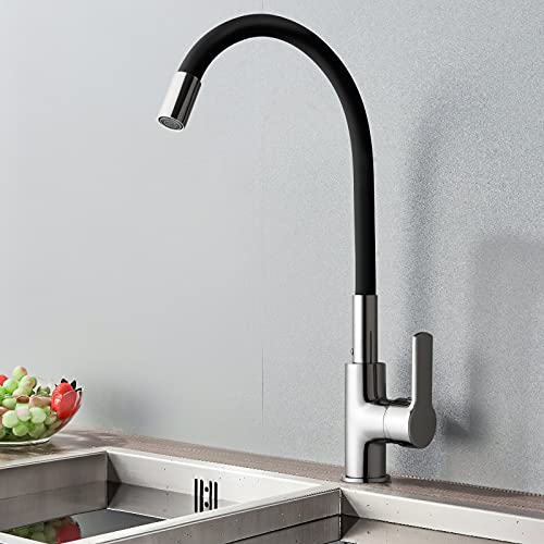 Grifo de fregadero de cocina con manguera de goma giratoria de 360° y disponible en frío y caliente, grifo de cocina de latón sin plomo, negro