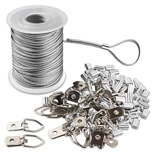 Juego de cables para colgar marcos de fotos de 1,5 mm x 100 pies.  Bobina de alambre revestido de acero inoxidable trenzado y anillo en D de 30 piezas y 30 tornillos y 30 tubos de engarce.