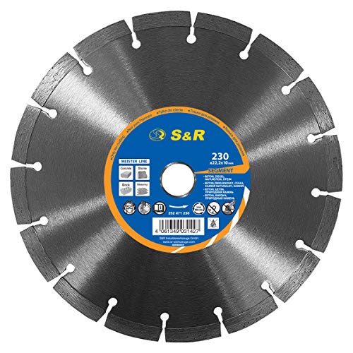 Disco de corte de diamante S&R 230 mm x 22,2 para hormigón, piedra natural, piedra, ladrillo.  Disco de diamante Turbo Universal para el corte de todo tipo de materiales de construcción