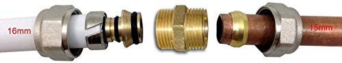 Adaptador de compresión 15mm - 16mm (Cu - PEX) para cambiar de tubo de cobre a PEX