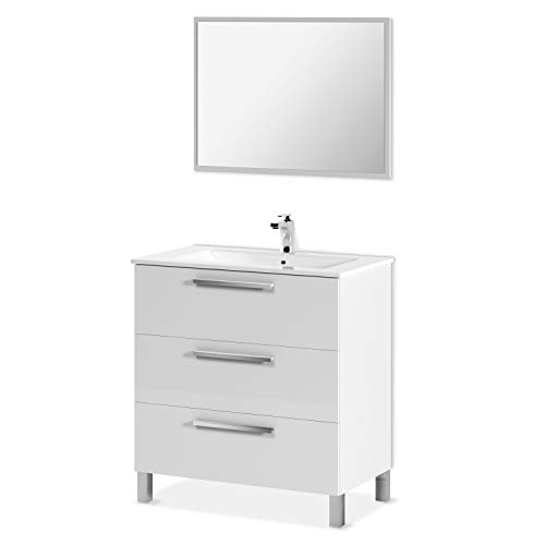 ARKITMOBEL Mueble de baño con 3 cajones y espejo, Lavabo, Modelo Athena, Acabado blanco brillo, Medidas: 80 cm (Ancho) x 86 cm (Alto) x 45 cm (Fondo)