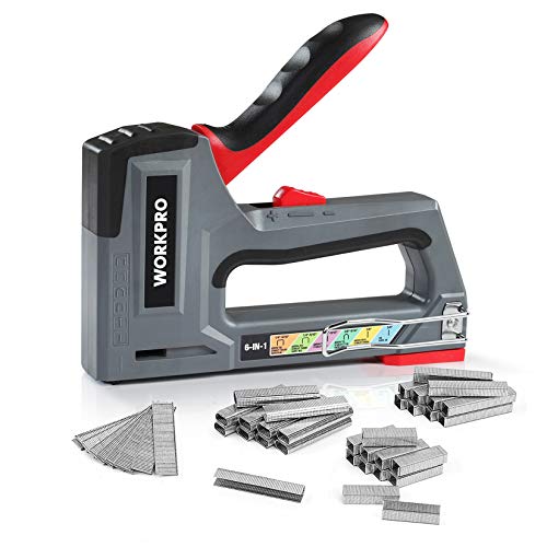 WORKPRO Grapadora Manual y Colgador 6 en 1 Grapadora para Tapicería Ideal para Fijar Materiales, Decoraciones, Carpintería, Muebles, Puertas y Ventanas (Incluye 4000 Grapas/Clavos)