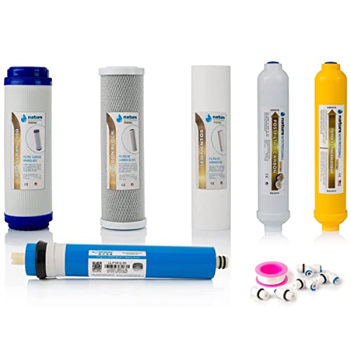 Kit de 5 filtros universales para ósmosis inversa - Incluye rollo de teflón, conectores y tee - Ideal para equipos universales en 6 pasos - Nature Water Professionals
