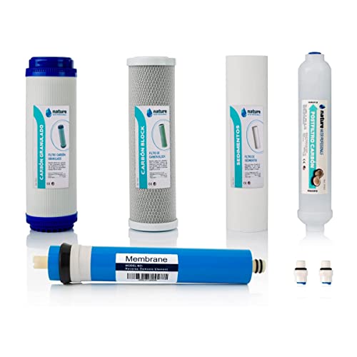 Kit de 4 filtros universales de ósmosis inversa - Incluye membrana para equipo universal de 5 etapas y conectores post-filtro - 75GPD - Nature Water Professionals