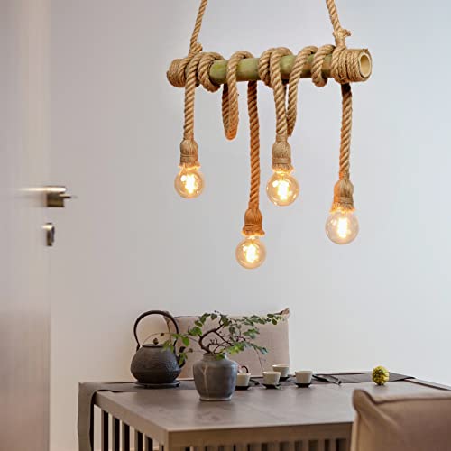 Arturesthome - Lámpara colgante de cuerda de cáñamo con 6 cabezales, cuerda de bambú vintage, lámpara de techo rústica para dormitorio, restaurante, cafetería, bar, decoración rústica (4 luces)
